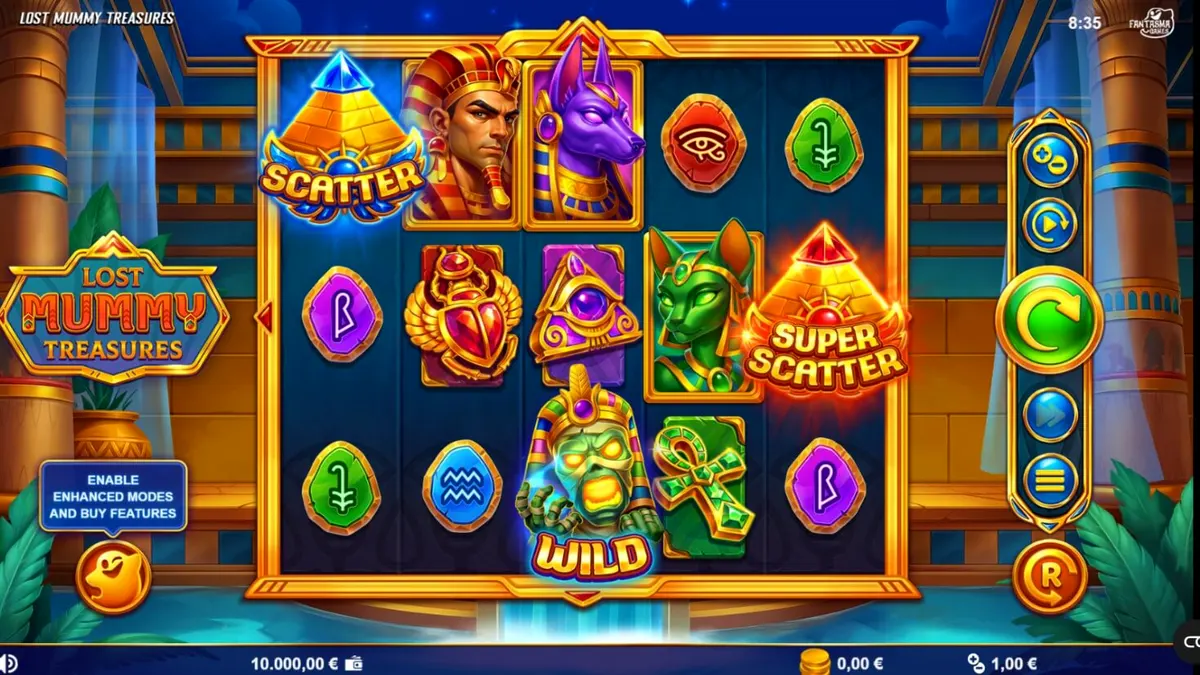 Pemandangan kuil Mesir Kuno yang bercahaya dalam slot Lost Mummy Treasures