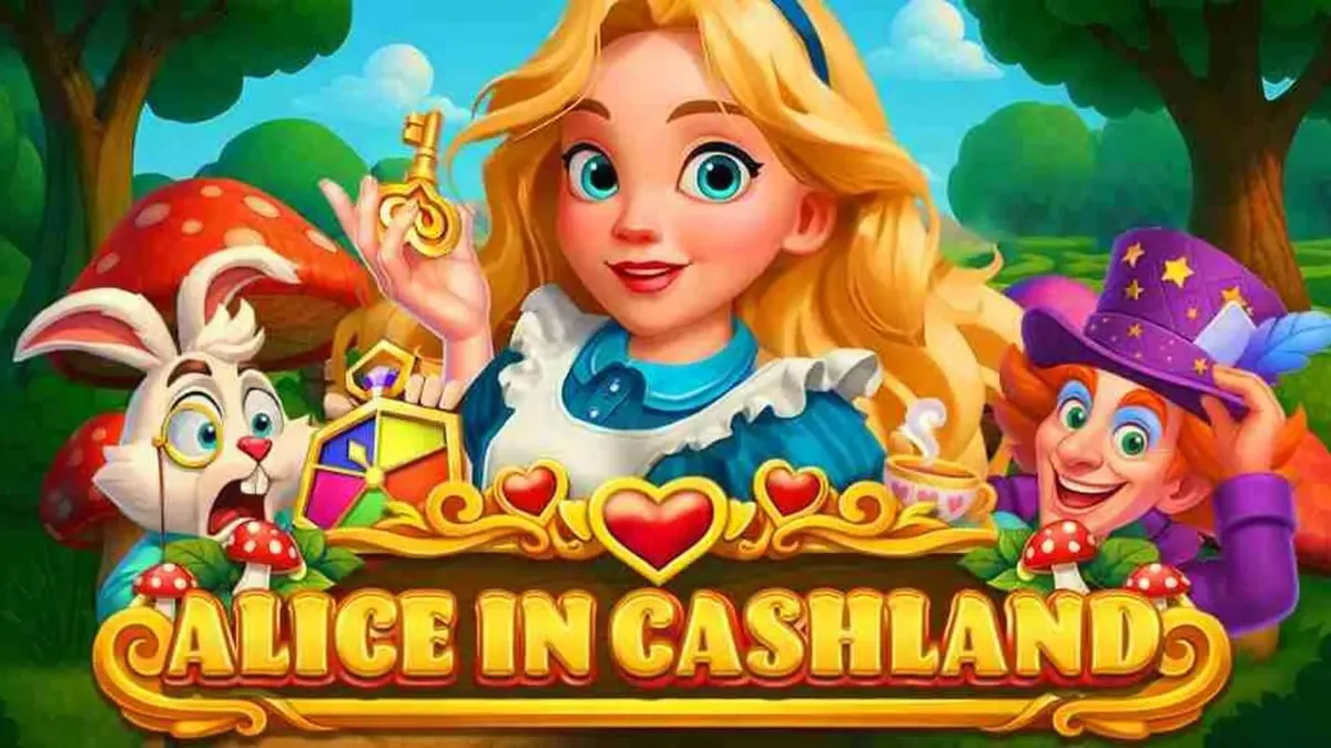 Tampilan visual slot Alice in Cashland dengan tema Wonderland yang memikat